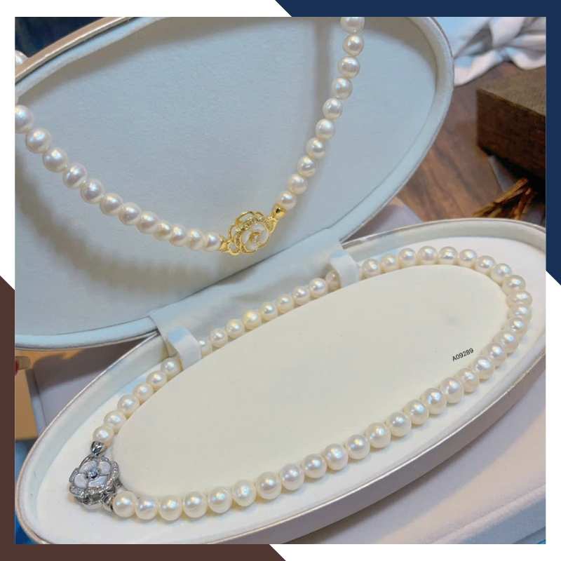 Vòng cổ choker ngọc trai thật 8–9mm khoá hình hoa VCNT178