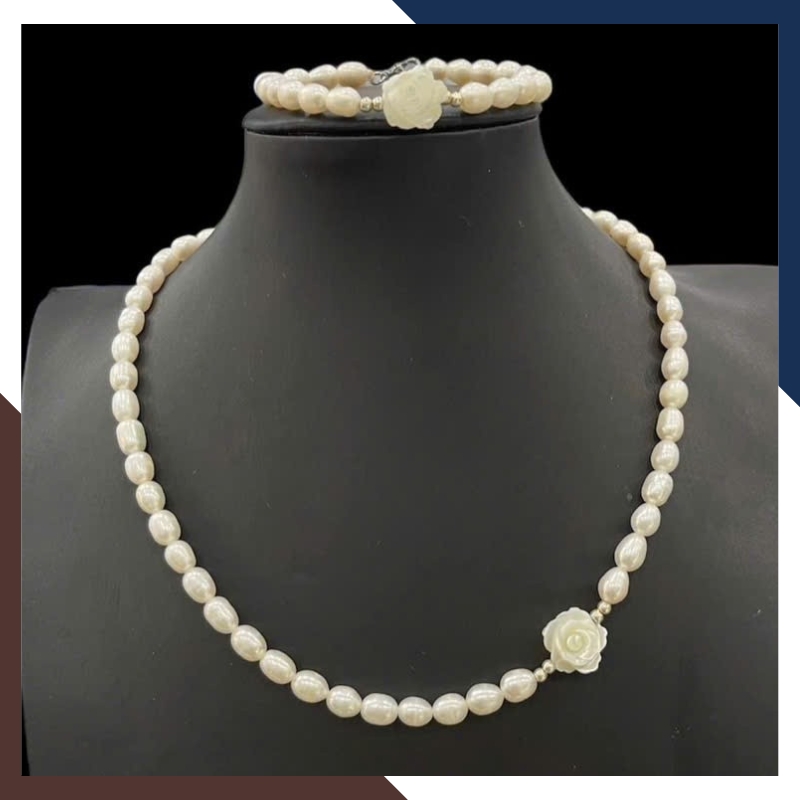 Vòng Cổ Choker Ngọc Trai Thật VCNT130 – Kiêu Sa & Thanh Lịch Với Hoa Hồng Khảm Trai