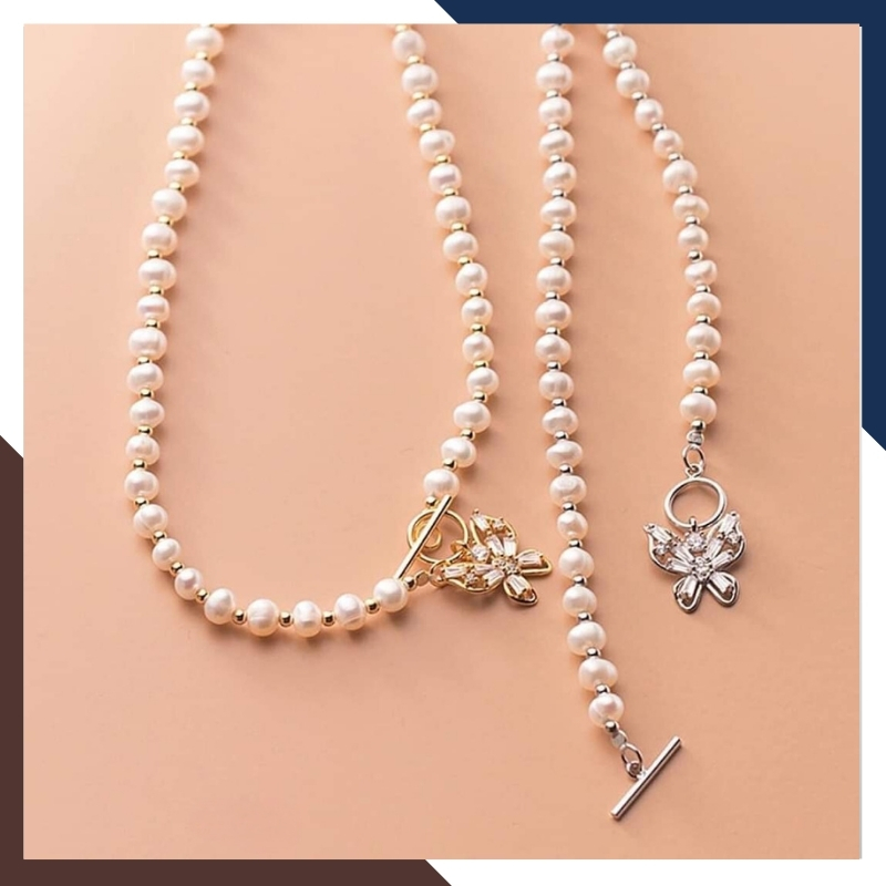Vòng cổ choker ngọc trai nước ngọt mix khoá bướm bạc mã 78V715K835