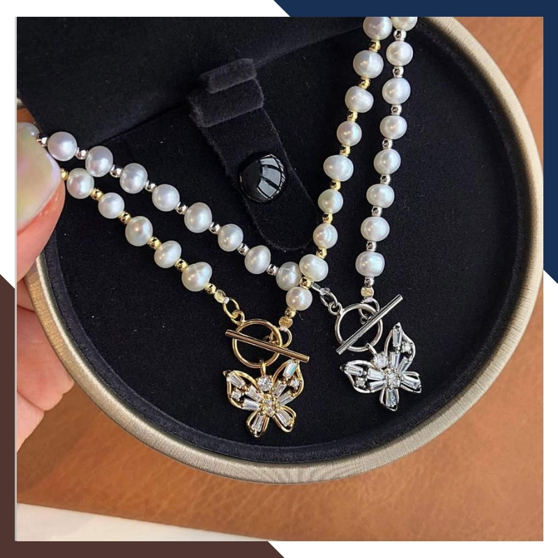 Vòng cổ choker ngọc trai nước ngọt mix khoá bướm bạc mã 78V715K835