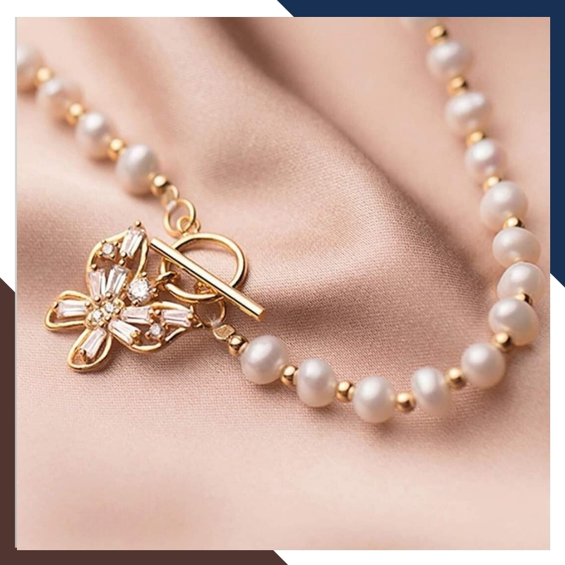 Vòng cổ choker ngọc trai nước ngọt mix khoá bướm bạc mã 78V715K835