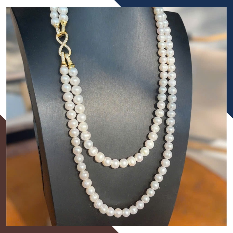 Vòng Cổ Ngọc Trai 2 Tầng Cho Mẹ, Phụ Nữ Trung Niên Mặc Áo Dài Sang Trọng VCNT141