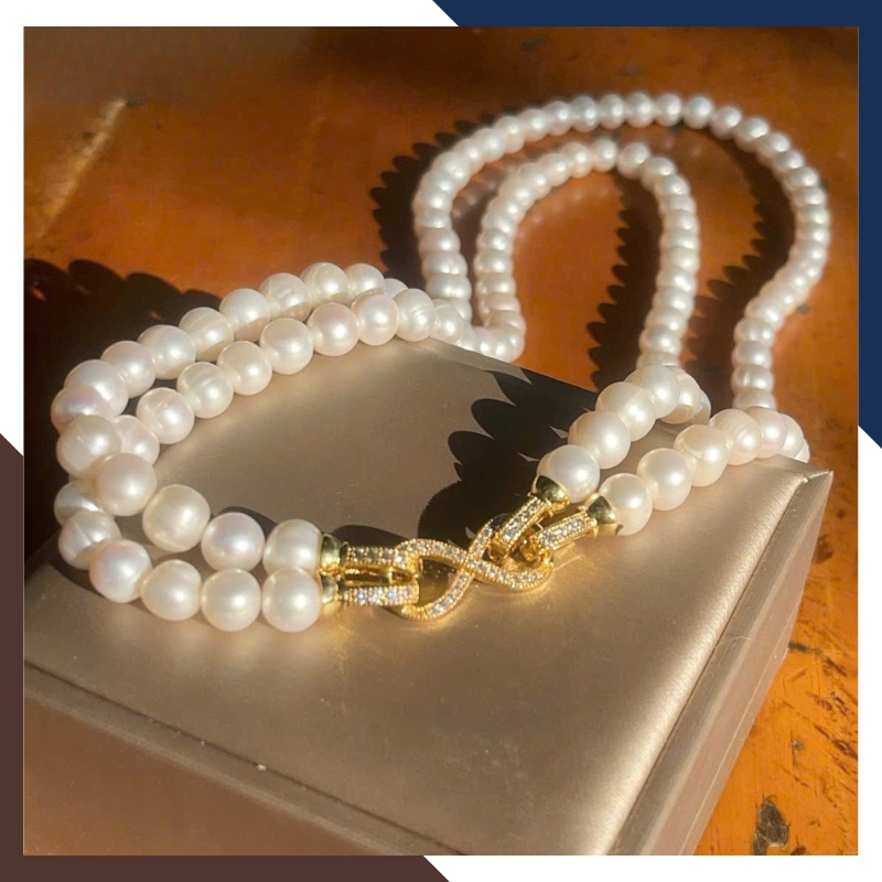 Vòng Cổ Ngọc Trai 2 Tầng Cho Mẹ, Phụ Nữ Trung Niên Mặc Áo Dài Sang Trọng VCNT141
