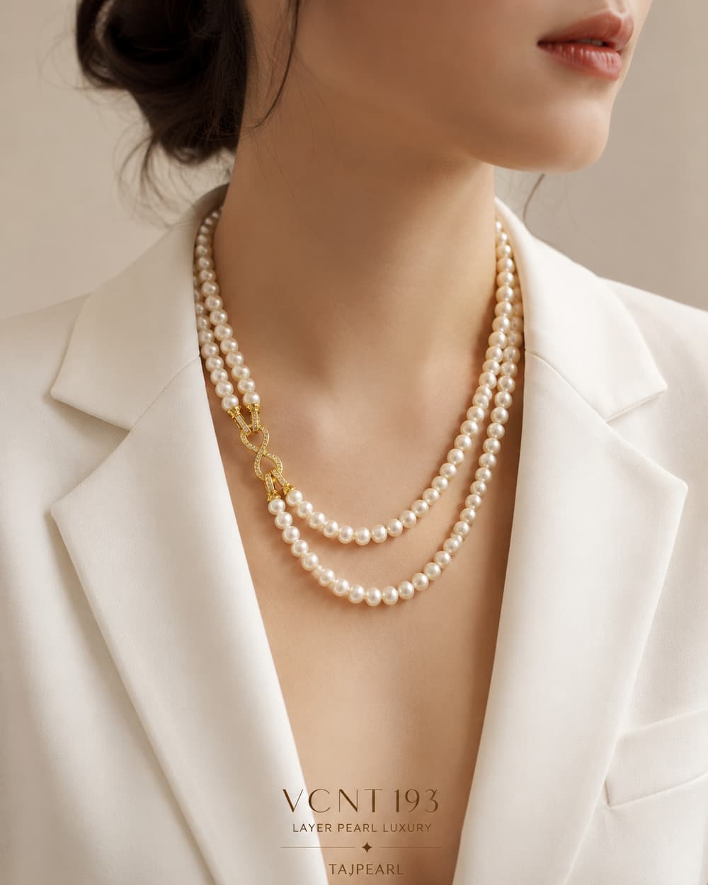 Vòng Cổ Ngọc Trai 2 Tầng VCNT193 – Layer Pearl Luxury & Khoá Vô Cực Xi Vàng