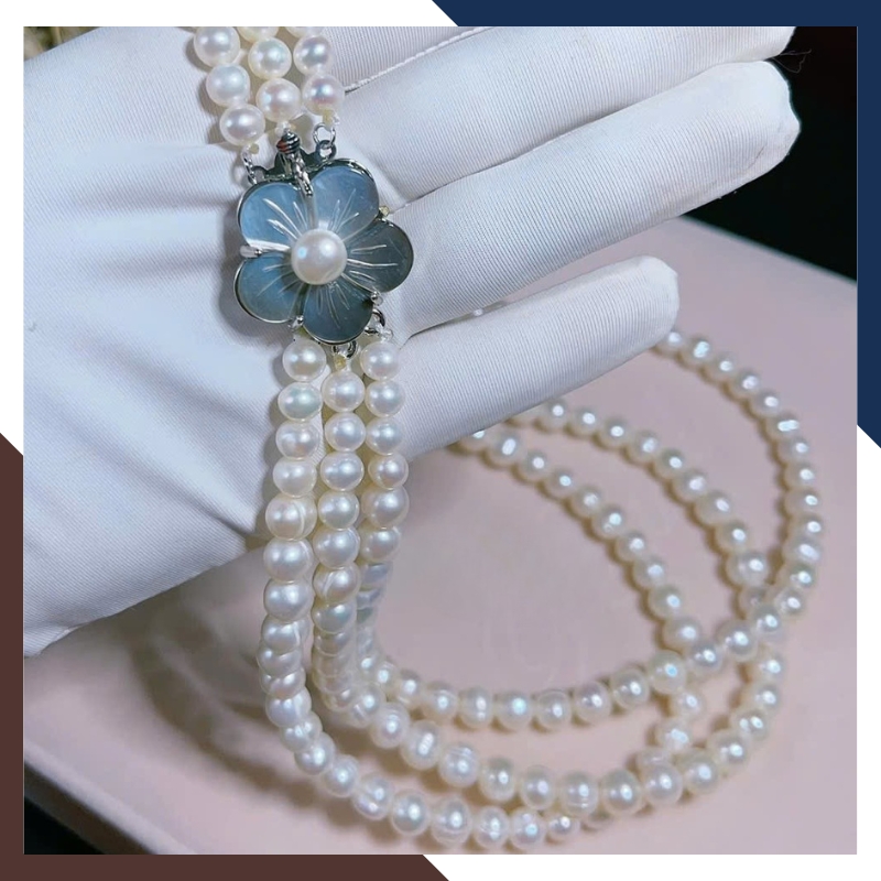 Vòng Cổ Ngọc Trai 3 Vòng Phối Khoá Hoa Mai Khảm Trai Sang Trọng & Nổi Bật VCNT135