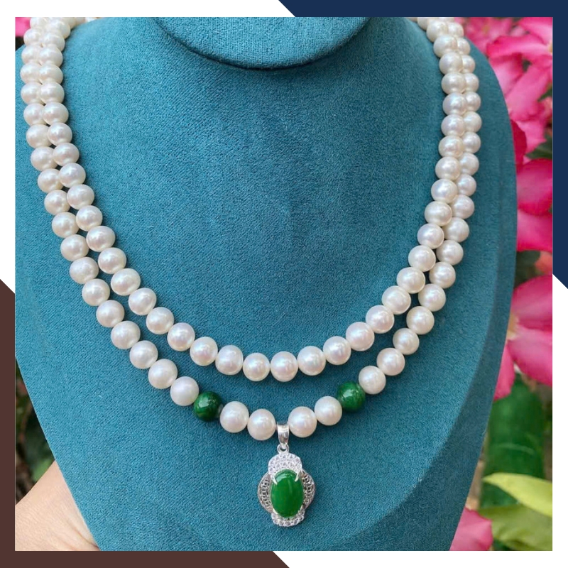 Vòng cổ ngọc trai cho mẹ phối mặt bạc đá xanh VCNT151
