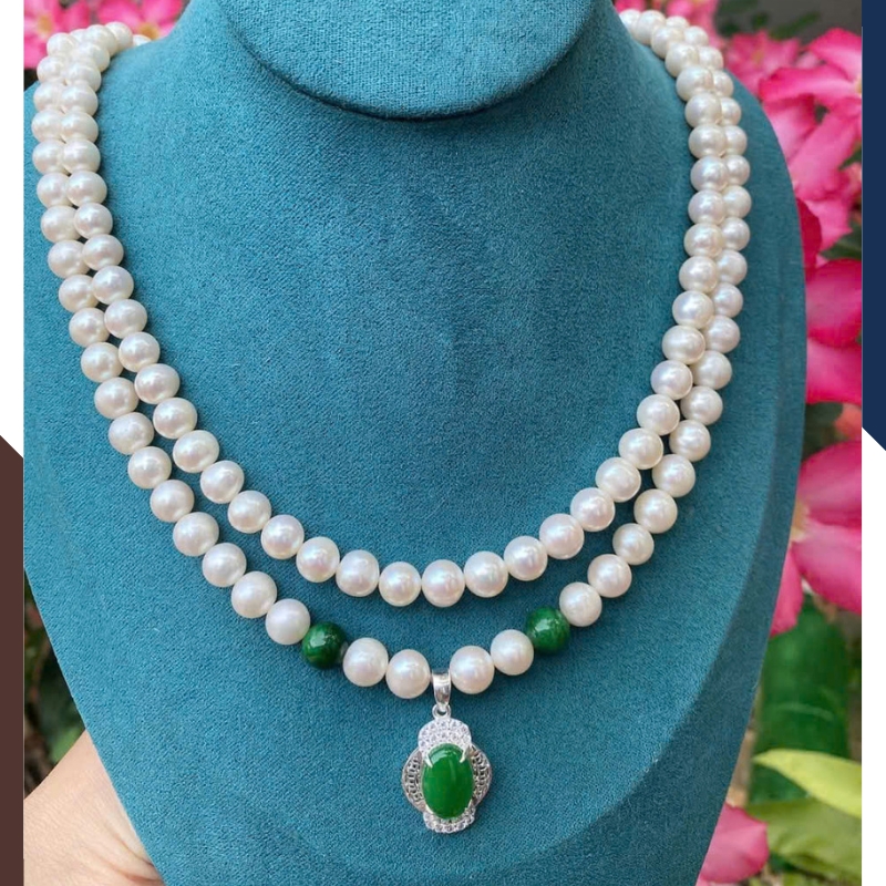 Vòng cổ ngọc trai cho mẹ phối mặt bạc đá xanh VCNT151