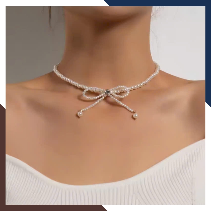 Vòng Cổ Ngọc Trai Choker Hạt Nhỏ Kết Hình Nơ VCNT147