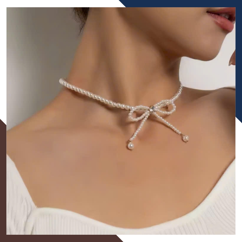Vòng Cổ Ngọc Trai Choker Hạt Nhỏ Kết Hình Nơ VCNT147
