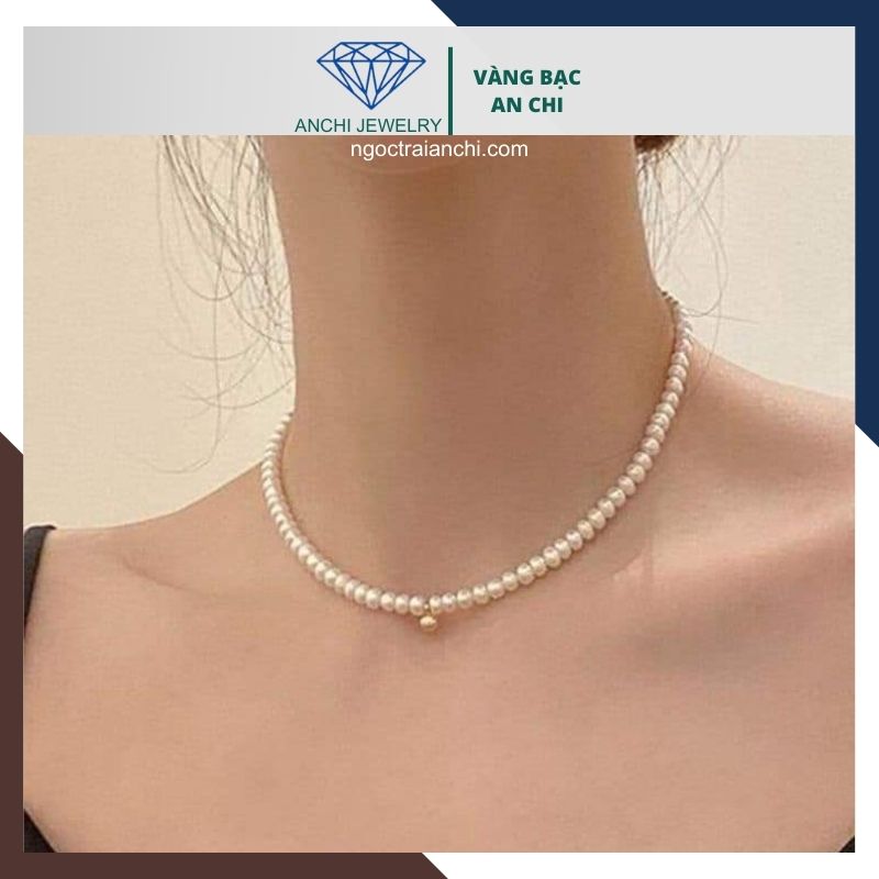 Vòng cổ choker ngọc trai nhỏ phối trái tim vàng 10k 56AC650