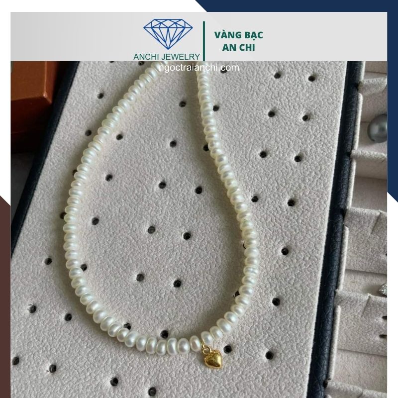 Vòng cổ choker ngọc trai nhỏ phối trái tim vàng 10k 56AC650