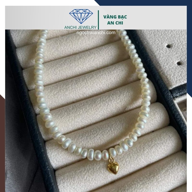 Vòng cổ choker ngọc trai nhỏ phối trái tim vàng 10k 56AC650