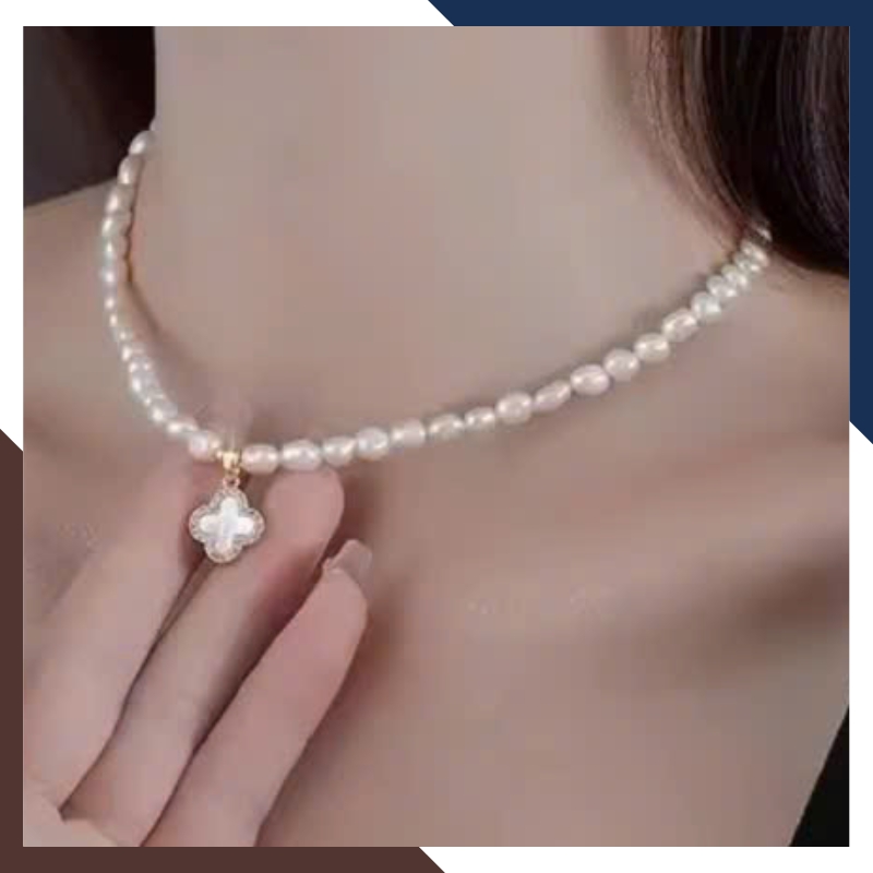 Vòng Cổ Ngọc Trai Choker Mix Cỏ 4 Lá Vàng 10k VCNT150