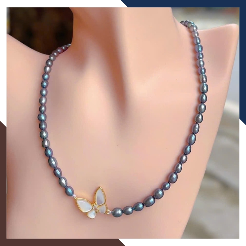 Vòng Cổ Ngọc Trai Đen Phối Khoá Hình Hoa Nổi Bật & Quyến Rũ VCNT133