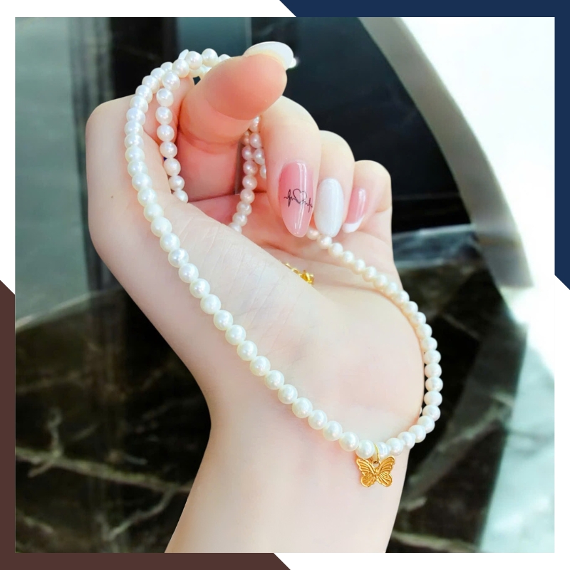 Vòng cổ ngọc trai hạt nhỏ dáng choker VCNT155 – Charm bướm vàng 10k