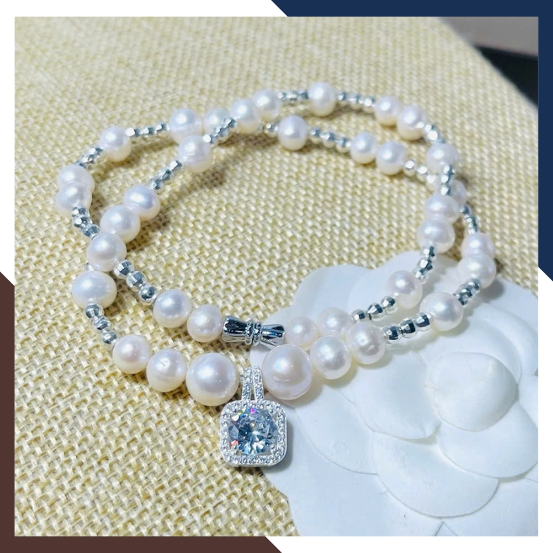 Vòng Cổ Ngọc Trai Nữ Mặt Vuông Đính Đá Phối Bi Bạc VCNT142 - Sang Trọng & Hiện Đại