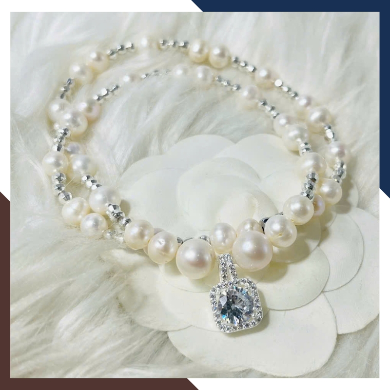 Vòng Cổ Ngọc Trai Nữ Mặt Vuông Đính Đá Phối Bi Bạc VCNT142 - Sang Trọng & Hiện Đại