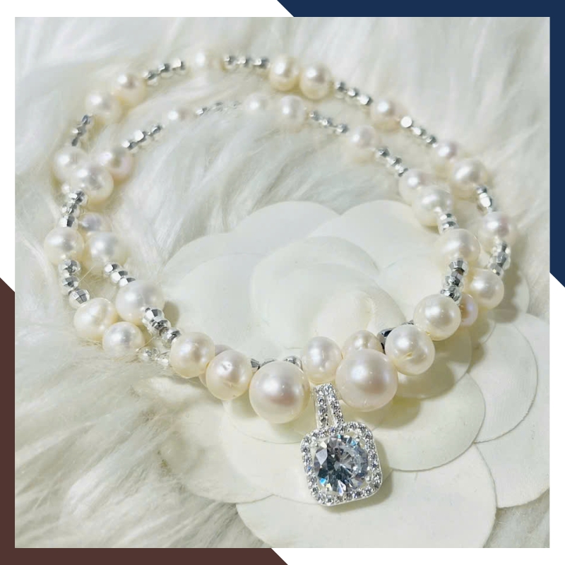 Vòng Cổ Ngọc Trai Nước Ngọt Có Mặt Phối Bi Bạc VCNT103