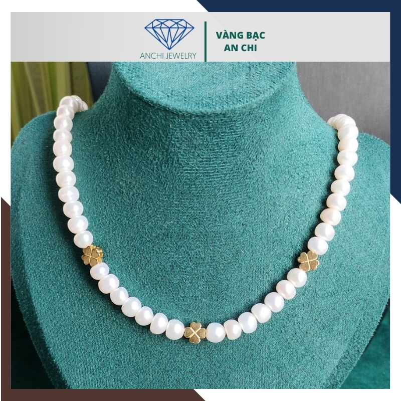 Vòng cổ ngọc trai nước ngọt phối cỏ 4 lá bạc mạ vàng 78AC293