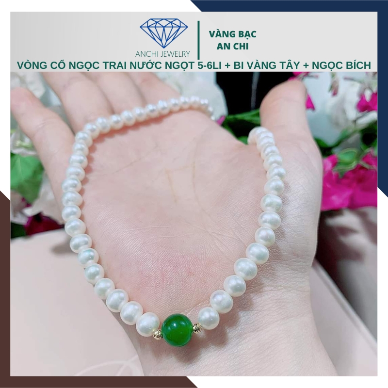 Vòng cổ ngọc trai cho phụ nữ trung niên mix ngọc bích phối bi vàng 78AC350