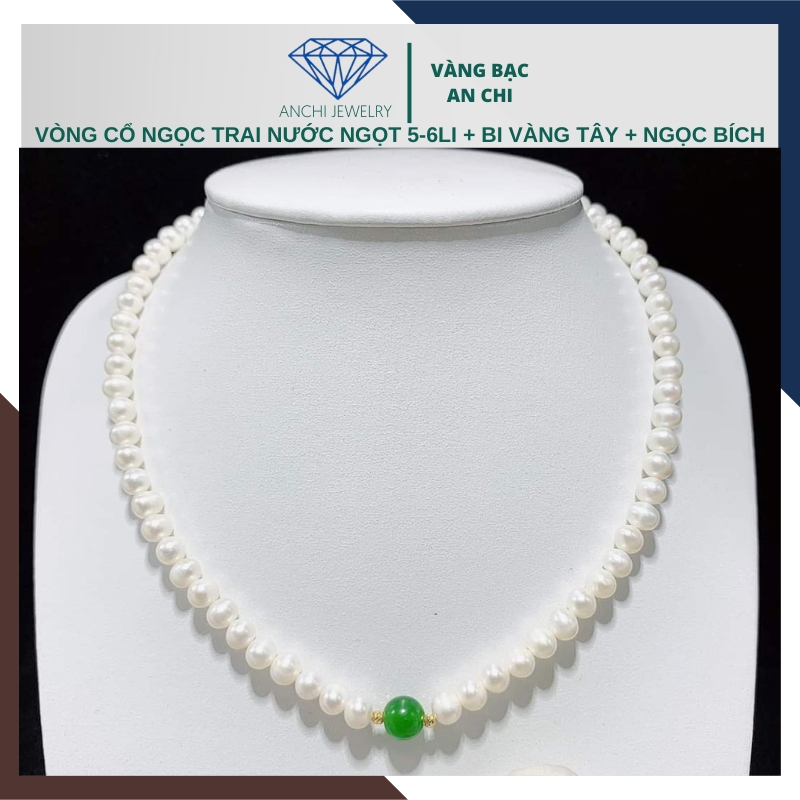Vòng cổ ngọc trai cho phụ nữ trung niên mix ngọc bích phối bi vàng 78AC350