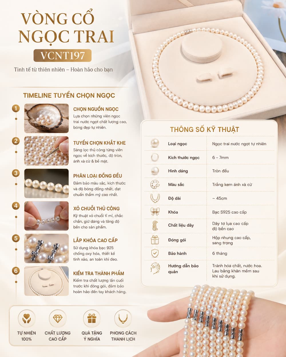 Vòng Cổ Ngọc Trai VCNT198 – Chuỗi Ngọc Trai Trắng 9–10mm Cao Cấp Classic Pearl Strand