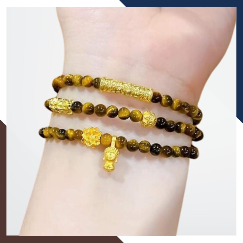 Vòng tay đá mắt hổ vàng nâu mix charm vàng 24k mã AC1890