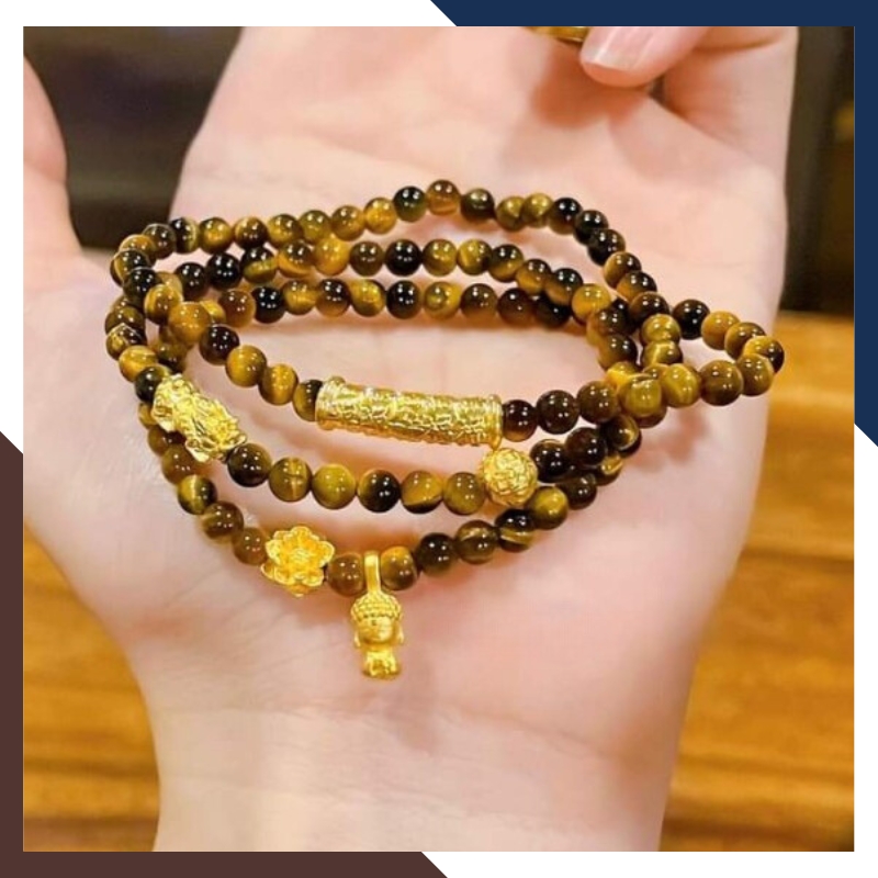 Vòng tay đá mắt hổ vàng nâu mix charm vàng 24k mã AC1890