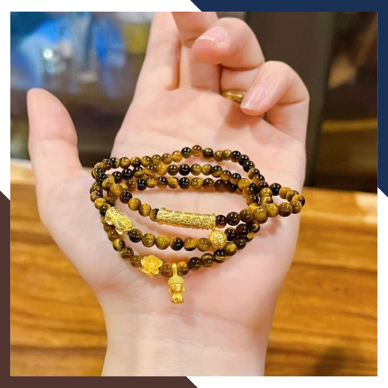 Vòng tay đá mắt hổ vàng nâu mix charm vàng 24k mã AC1890