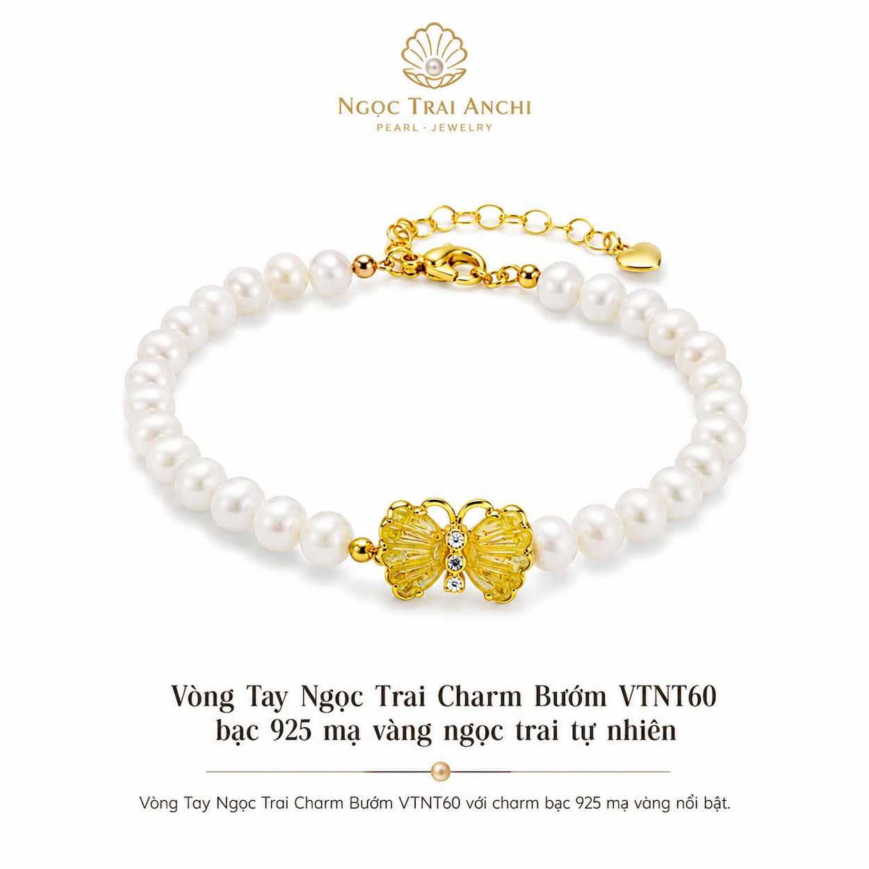 Vòng Tay Ngọc Trai Charm Bướm VTNT60 Bạc 925 Mạ Vàng – Ngọc Trai Tự Nhiên Thanh Lịch Cho Nữ