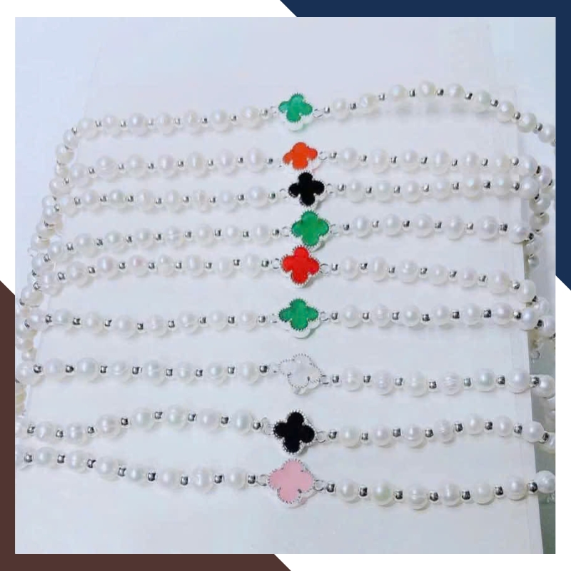 Vòng Tay Ngọc Trai Cỏ 4 Lá Đen, Đỏ, Trắng, Xanh, Hồng VTNT49