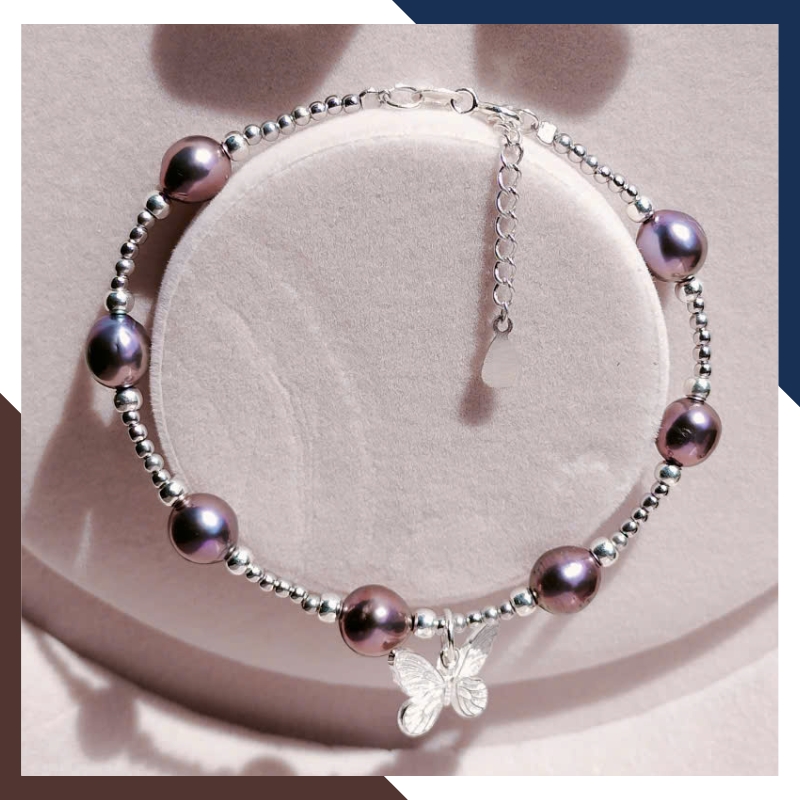 Vòng Tay Ngọc Trai Đen Ánh Tím Phối Bi & Bướm Bạc VTNT32 – Vẻ Đẹp Huyền Bí, Lôi Cuốn