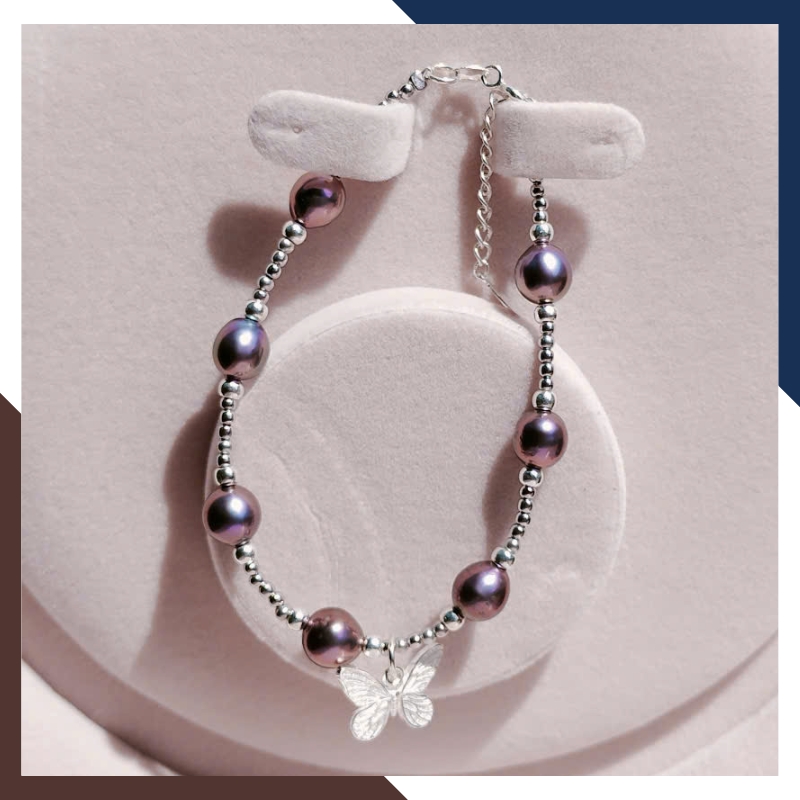Vòng Tay Ngọc Trai Đen Ánh Tím Phối Bi & Bướm Bạc VTNT32 – Vẻ Đẹp Huyền Bí, Lôi Cuốn