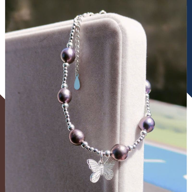 Vòng Tay Ngọc Trai Đen Ánh Tím Phối Bi & Bướm Bạc VTNT32 – Vẻ Đẹp Huyền Bí, Lôi Cuốn