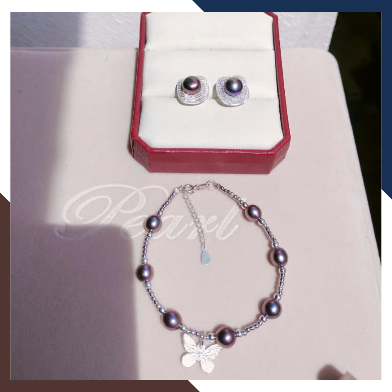 Vòng Tay Ngọc Trai Đen Ánh Tím Phối Bi & Bướm Bạc VTNT32 – Vẻ Đẹp Huyền Bí, Lôi Cuốn