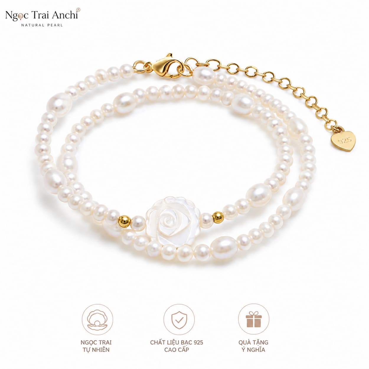 Vòng Tay Ngọc Trai Đeo Quấn 2 Vòng Phối Charm Hoa Hồng Khảm Trai VTNT61 – Thanh Lịch, Nữ Tính