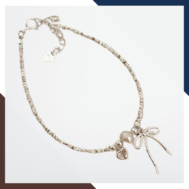 Vòng Tay Ngọc Trai Phối Bạc Vụn Mix Nơ & Trái Tim Hồng VTNT28