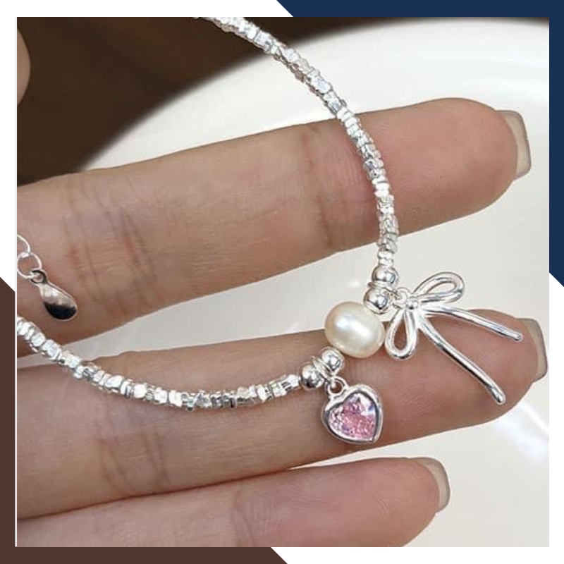 Vòng Tay Ngọc Trai Phối Bạc Vụn Mix Nơ & Trái Tim Hồng VTNT28