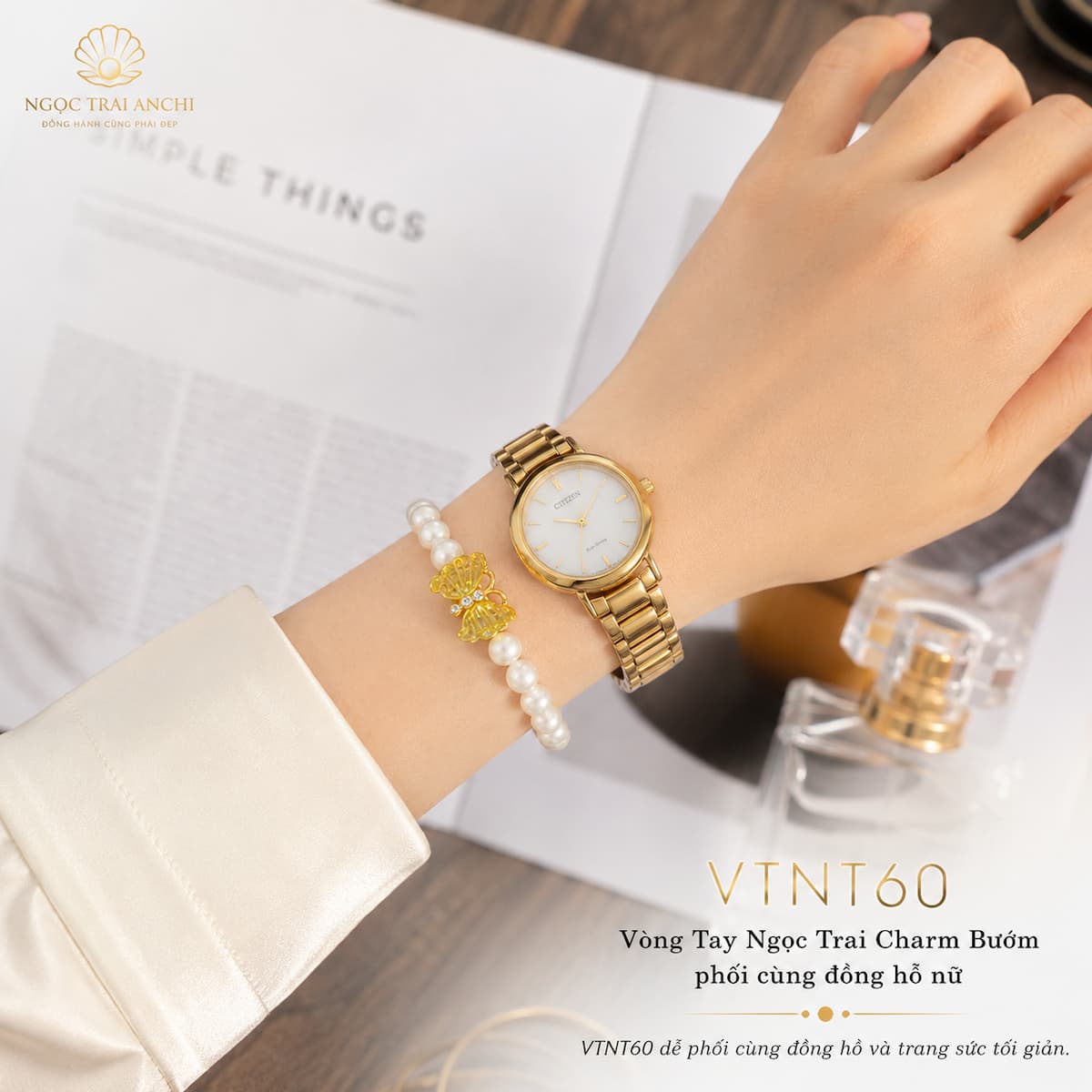 Vòng Tay Ngọc Trai Charm Bướm VTNT60 Bạc 925 Mạ Vàng – Ngọc Trai Tự Nhiên Thanh Lịch Cho Nữ