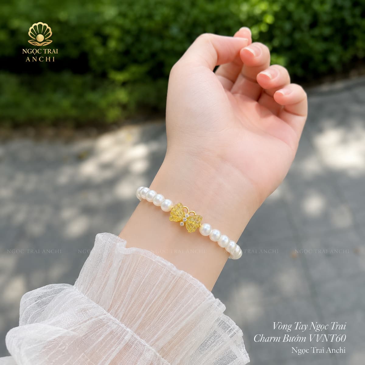 Vòng Tay Ngọc Trai Charm Bướm VTNT60 Bạc 925 Mạ Vàng – Ngọc Trai Tự Nhiên Thanh Lịch Cho Nữ