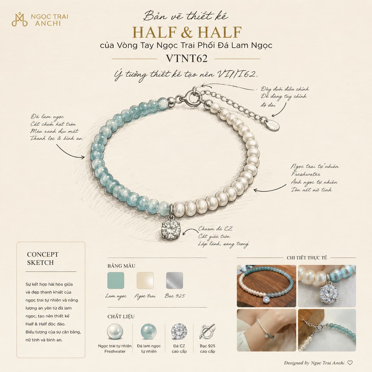 Vòng Tay Ngọc Trai Phối Đá Lam Ngọc VTNT62 – Thiết Kế Half & Half Tối Giản, Thanh Lịch Cho Nữ