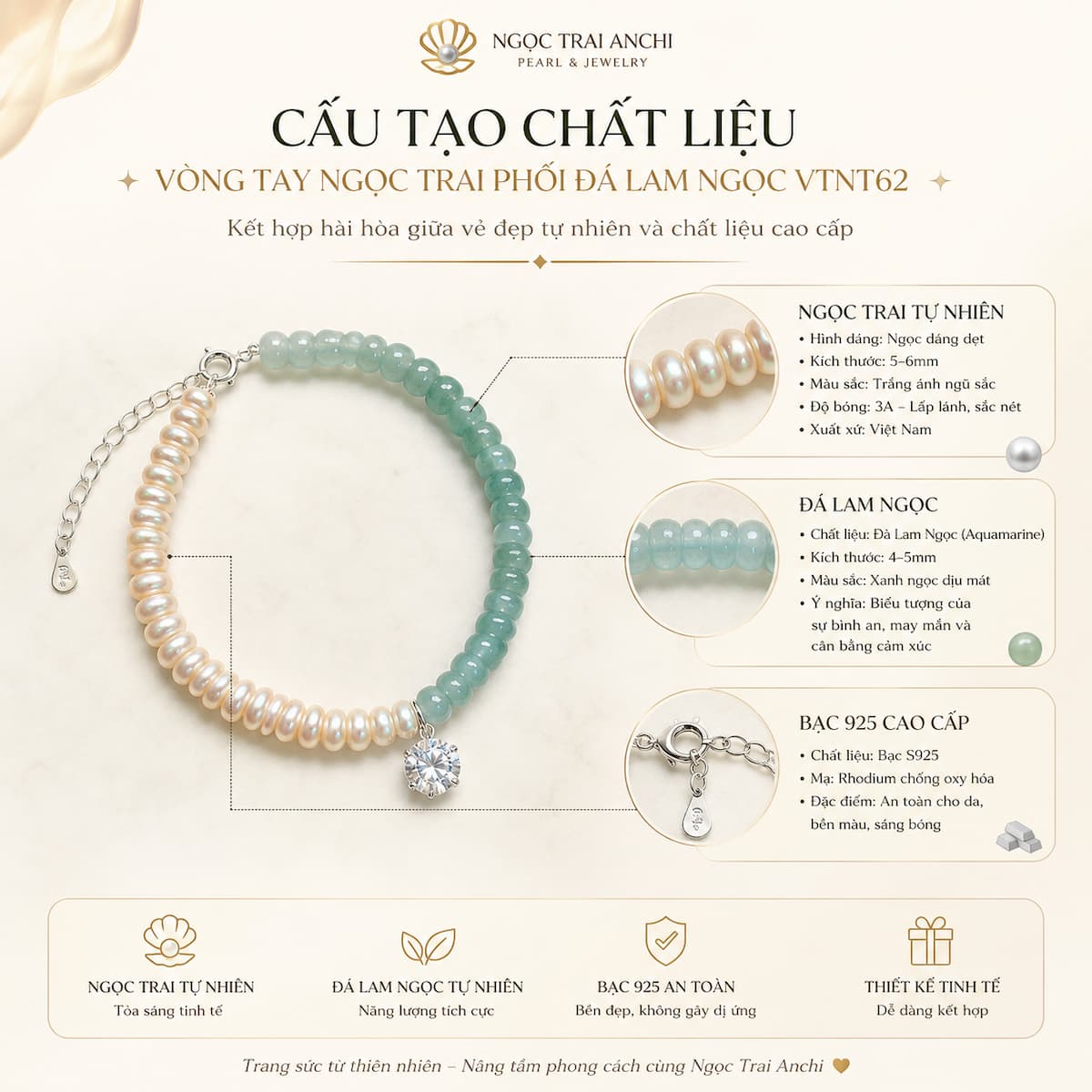 Vòng Tay Ngọc Trai Phối Đá Lam Ngọc VTNT62 – Thiết Kế Half & Half Tối Giản, Thanh Lịch Cho Nữ