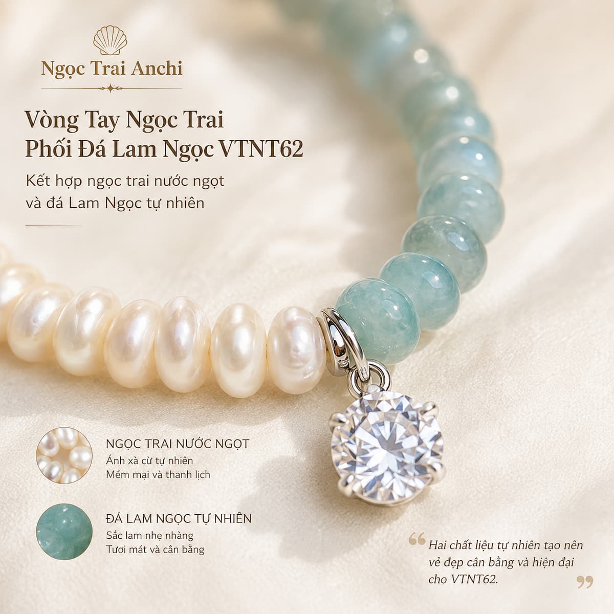 Vòng Tay Ngọc Trai Phối Đá Lam Ngọc VTNT62 – Thiết Kế Half & Half Tối Giản, Thanh Lịch Cho Nữ