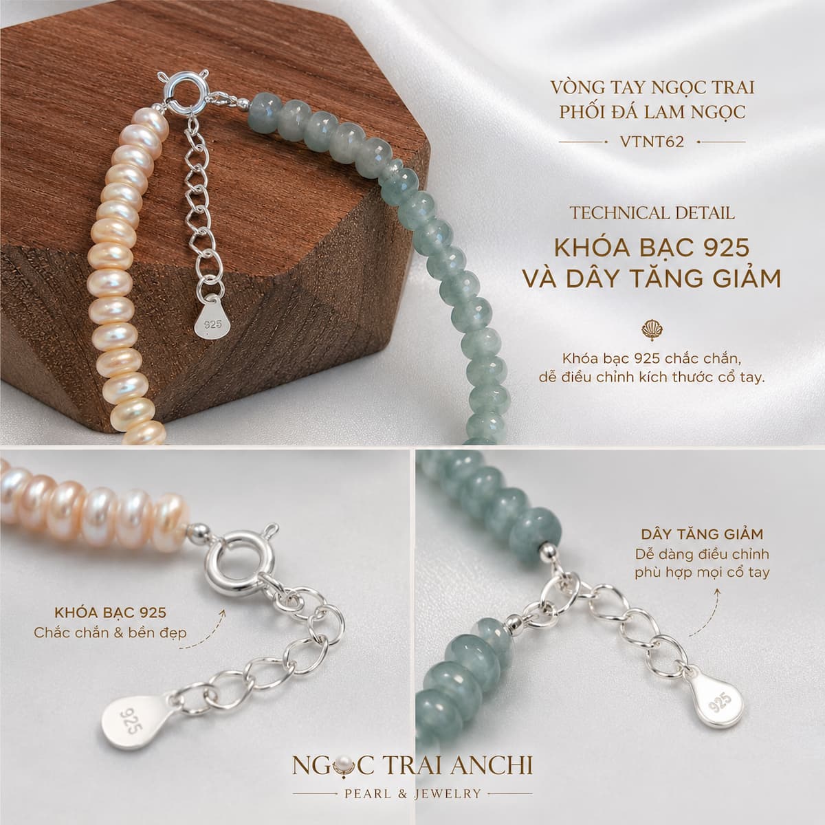 Vòng Tay Ngọc Trai Phối Đá Lam Ngọc VTNT62 – Thiết Kế Half & Half Tối Giản, Thanh Lịch Cho Nữ