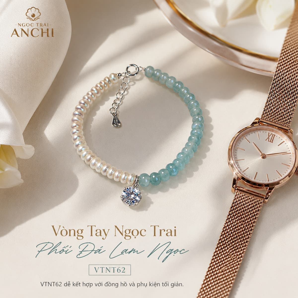 Vòng Tay Ngọc Trai Phối Đá Lam Ngọc VTNT62 – Thiết Kế Half & Half Tối Giản, Thanh Lịch Cho Nữ