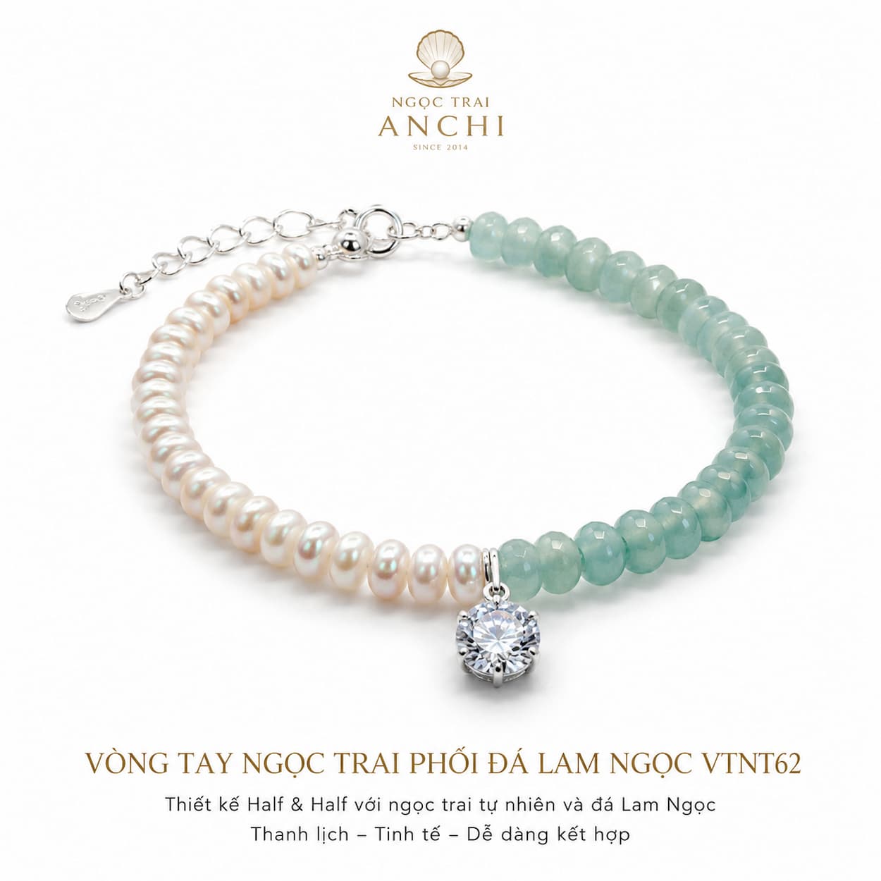 Vòng Tay Ngọc Trai Phối Đá Lam Ngọc VTNT62 – Thiết Kế Half & Half Tối Giản, Thanh Lịch Cho Nữ