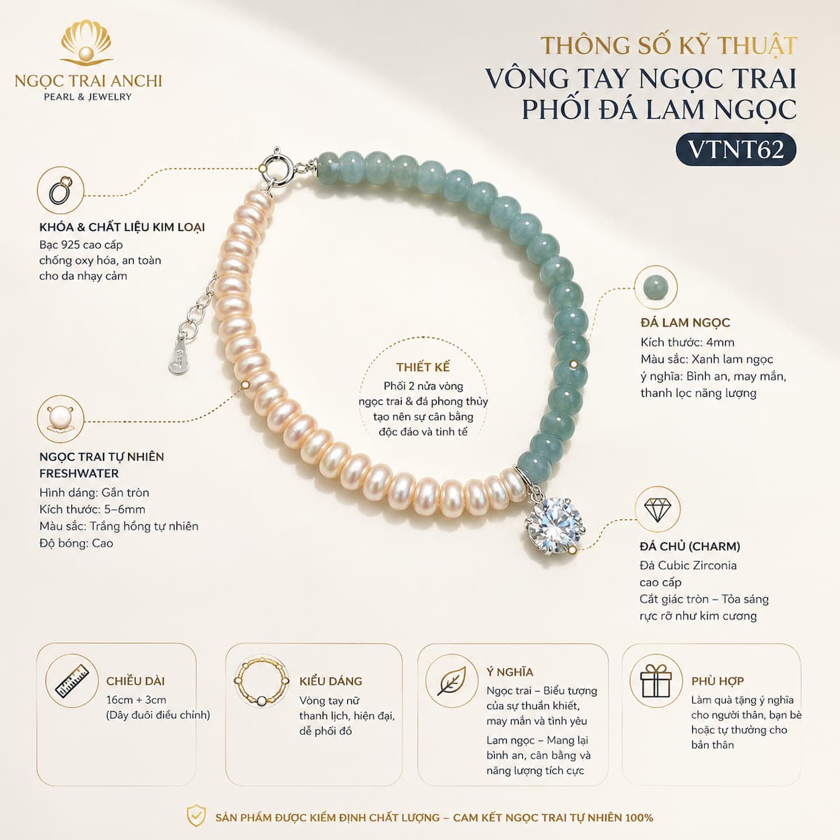 Vòng Tay Ngọc Trai Phối Đá Lam Ngọc VTNT62 – Thiết Kế Half & Half Tối Giản, Thanh Lịch Cho Nữ