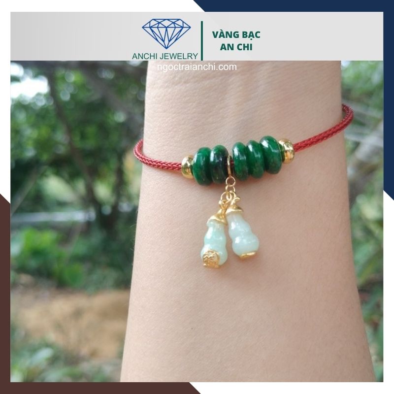 Vòng tay ngũ điếu cẩm thạch treo charm hồ lô ngọc phỉ thúy bọc bạc mạ vàng