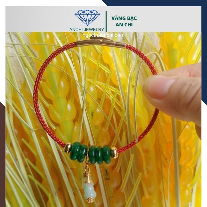 Vòng tay ngũ điếu cẩm thạch treo charm hồ lô ngọc phỉ thúy bọc bạc mạ vàng