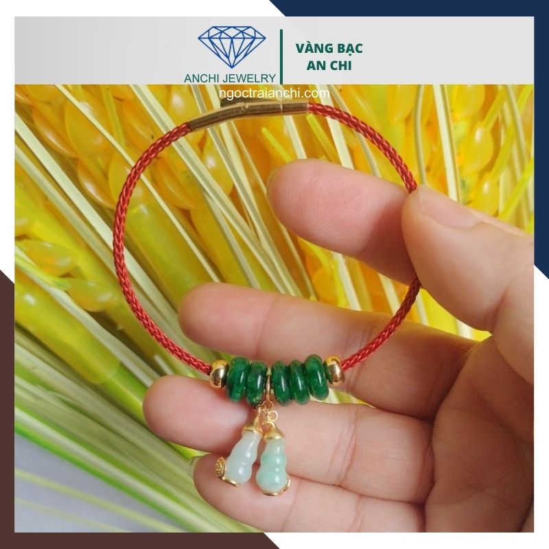 Vòng tay ngũ điếu cẩm thạch treo charm hồ lô ngọc phỉ thúy bọc bạc mạ vàng